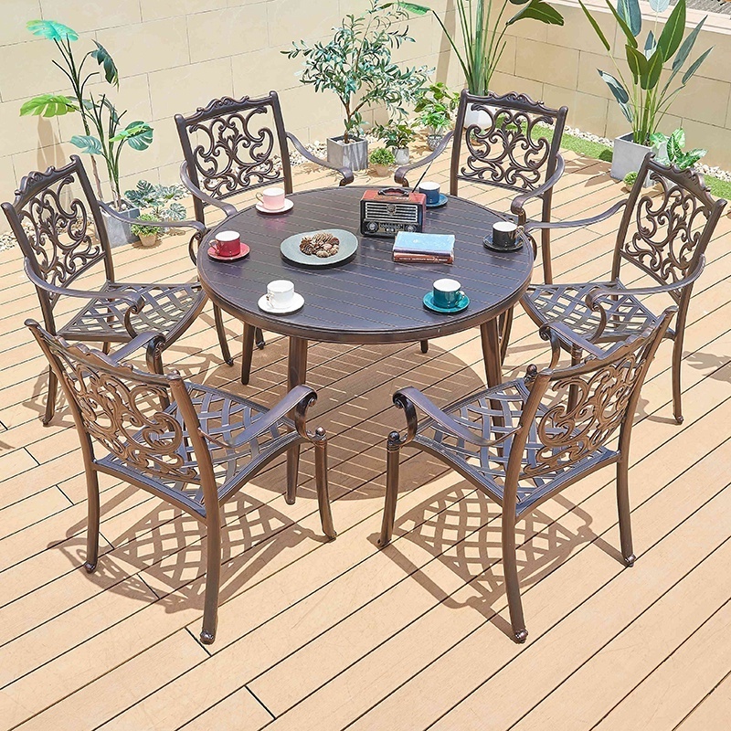 Mid Century Restaurant Patio Round Table Furniture Outdoor Garden Cast Aluminum Dining Set 6 Person Chairs