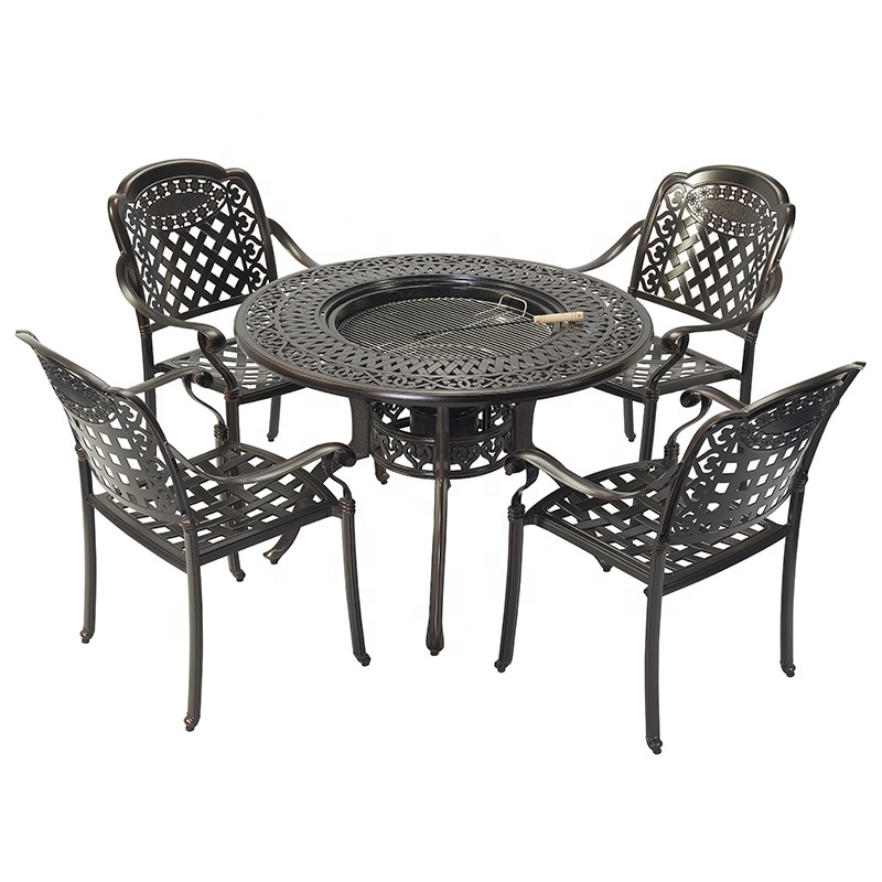 Balcony Terrace BBQ Dining Table Grill Restaurant Cast Aluminum Patio Furniture Set of 4 Chairs with Round Table