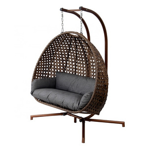 Brown Modern Garden Porch Wicker Furniture Outdoor Patio Rattan Double Swing Hanging Egg Chair with Stand