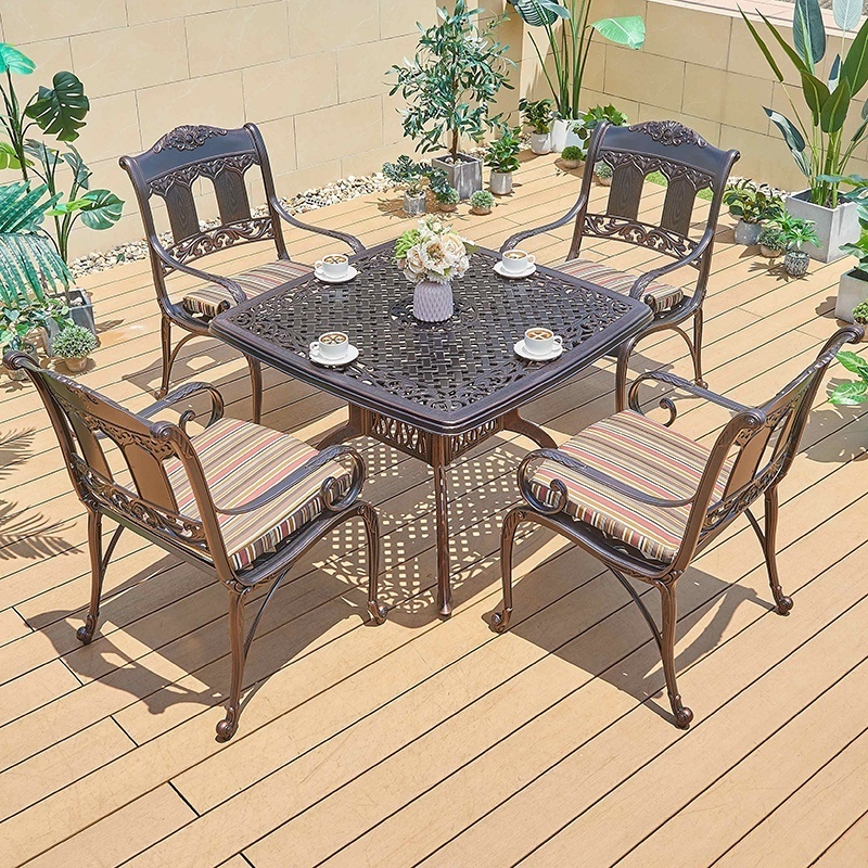 French Style Dining Room Square Table Cast Aluminum Outdoor Modern Balcony Cafe Small Dining Table Set 4 Chairs