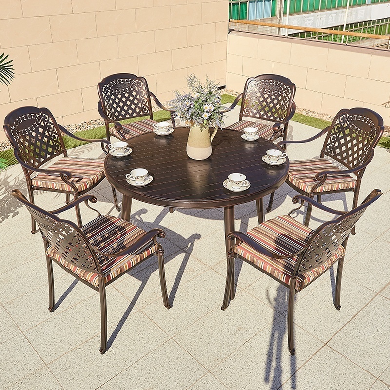 Cheap Stackable 7 Piece Restaurant Dining Set Furniture Outdoor Garden Patio Cast Aluminum Round Bbq Table 6 Chairs