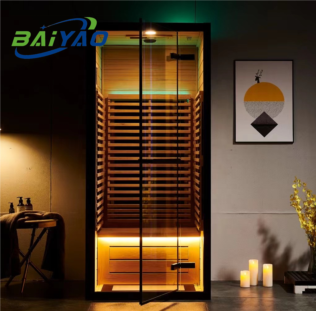 Baiyao 1 Person Indoor Hammam Far Infrared Sauna Canada Hemlock Wood And Stove Heater Indoor Steam Sauna Combined Bathroom