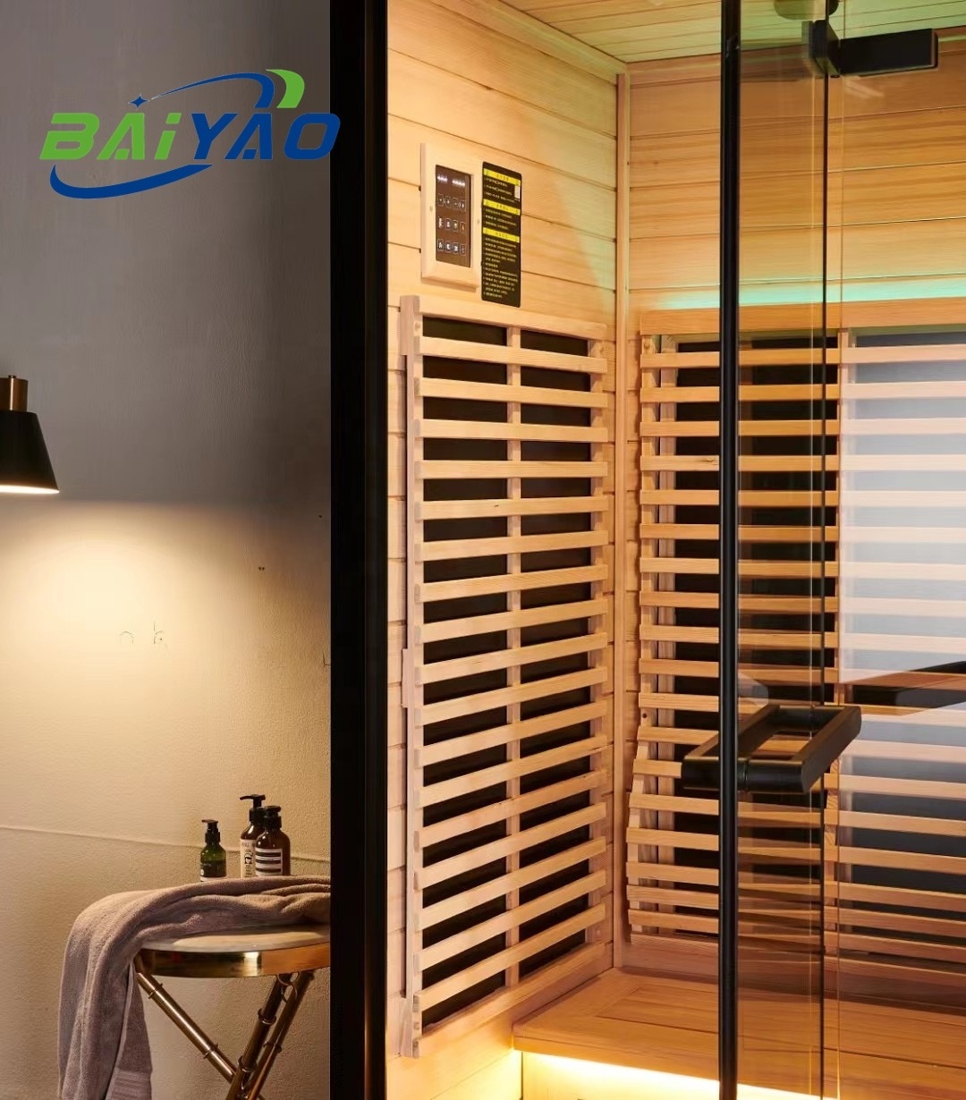 Baiyao 1 Person Indoor Hammam Far Infrared Sauna Canada Hemlock Wood And Stove Heater Indoor Steam Sauna Combined Bathroom