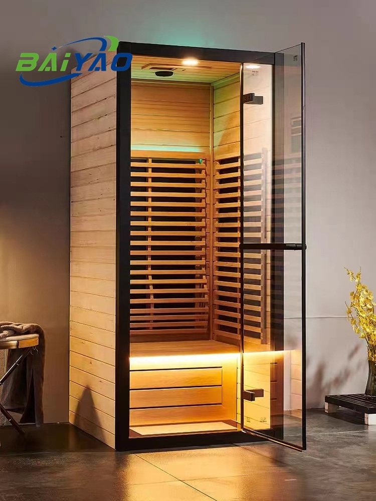 Baiyao 1 Person Indoor Hammam Far Infrared Sauna Canada Hemlock Wood And Stove Heater Indoor Steam Sauna Combined Bathroom