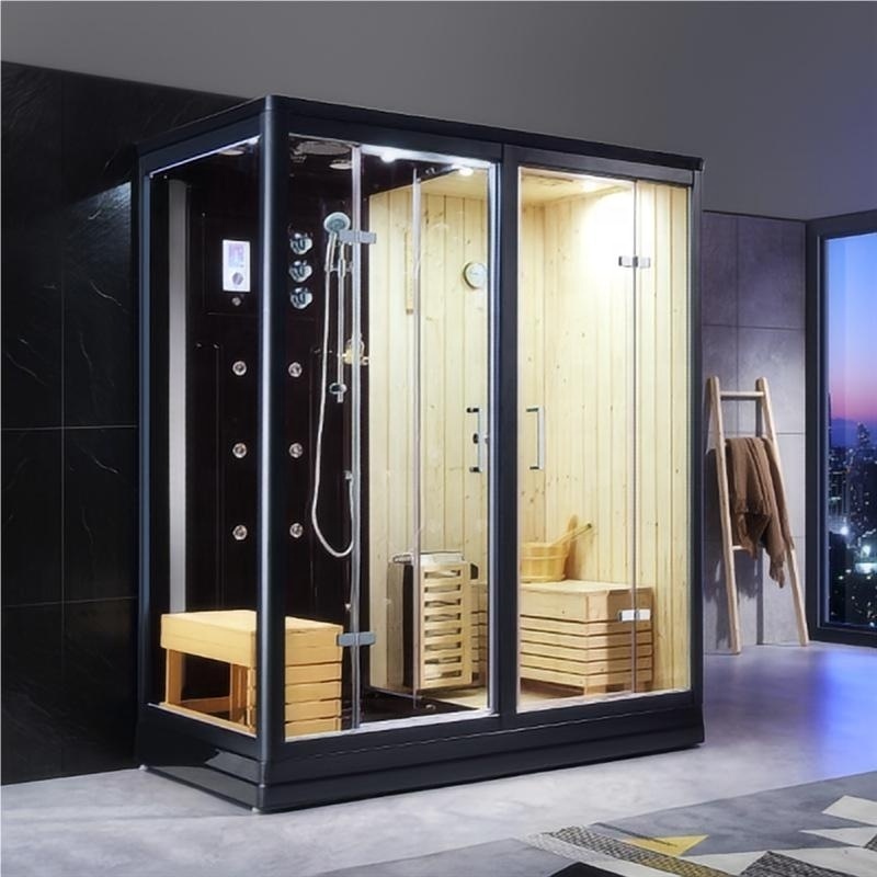 Customizable Wooden Steam Sauna Room with Three Functions and Tempered Glass Door for Shower