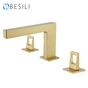 High quality Brushed gold Deck Mount Basin Mixer Tap  Double Handle Waterfall Basin Faucet