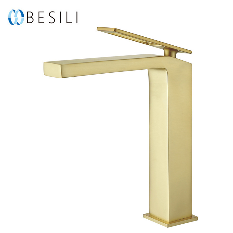 High quality Brushed gold Deck Mount Basin Mixer Tap  Double Handle Waterfall Basin Faucet