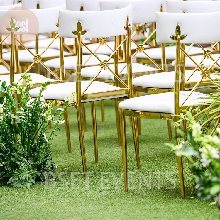 New Design Golden Stainless Steel Frame And White Pu Wedding Cross Back Dining Chair