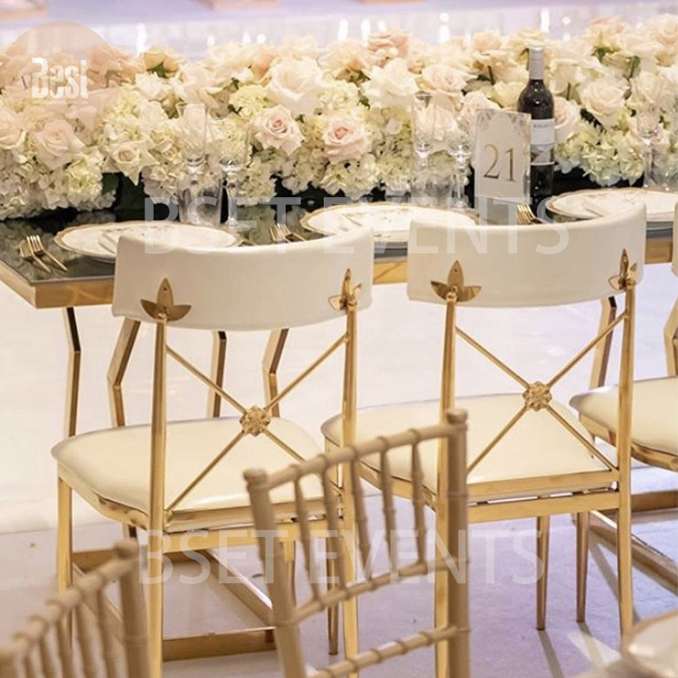 New Design Golden Stainless Steel Frame And White Pu Wedding Cross Back Dining Chair