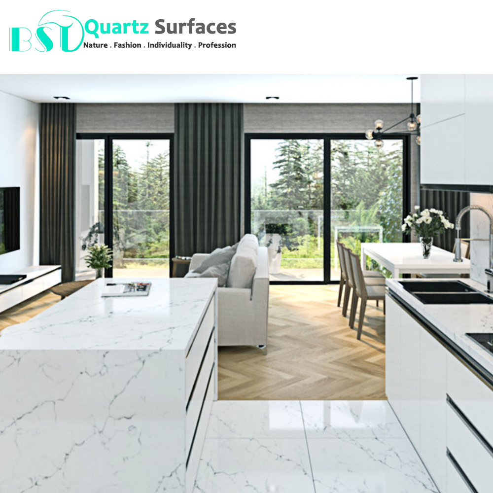 China Calacatta Nuvo Quartz Countertop with Bullnose Edging Kitchen Artificial Quartz Marble Granite Stone Carrara