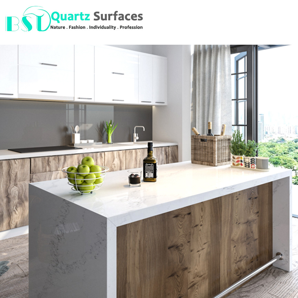 China Calacatta Nuvo Quartz Countertop with Bullnose Edging Kitchen Artificial Quartz Marble Granite Stone Carrara