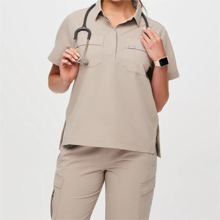 New Style Khaki Adjustable Neck Scrubs Uniforms Sets Hospital Medical Scrubs Wholesale Fashion Women Nurse Scrubs