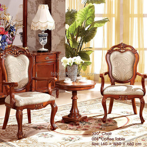 classic hotel bedroom furniture one round side coffee table and two fabric solid wood frame chair M320