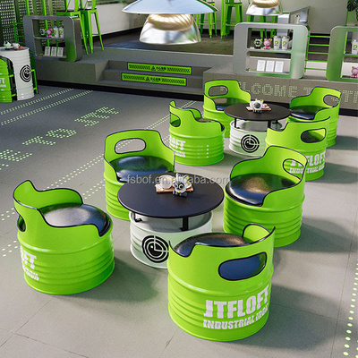 industrial oil drum design restaurant furniture table and chairs coffee shop cafeterial pub creativity bar set chair