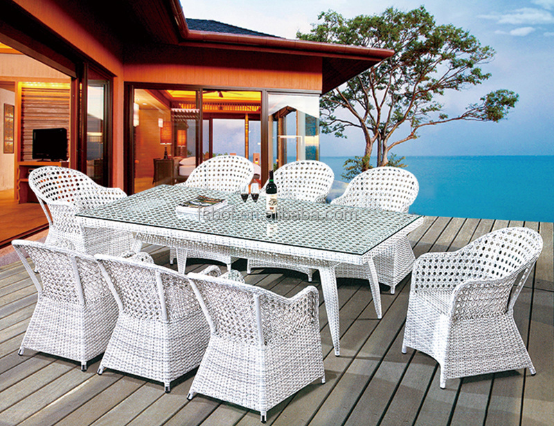 outdoor furniture rattan garden large table and chairs set for 12 person white color rattan chair AA3002