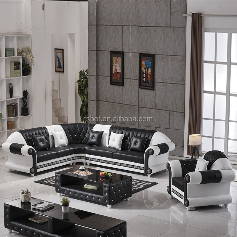 Living room furniture european style crystal tufted black leather sofa 808