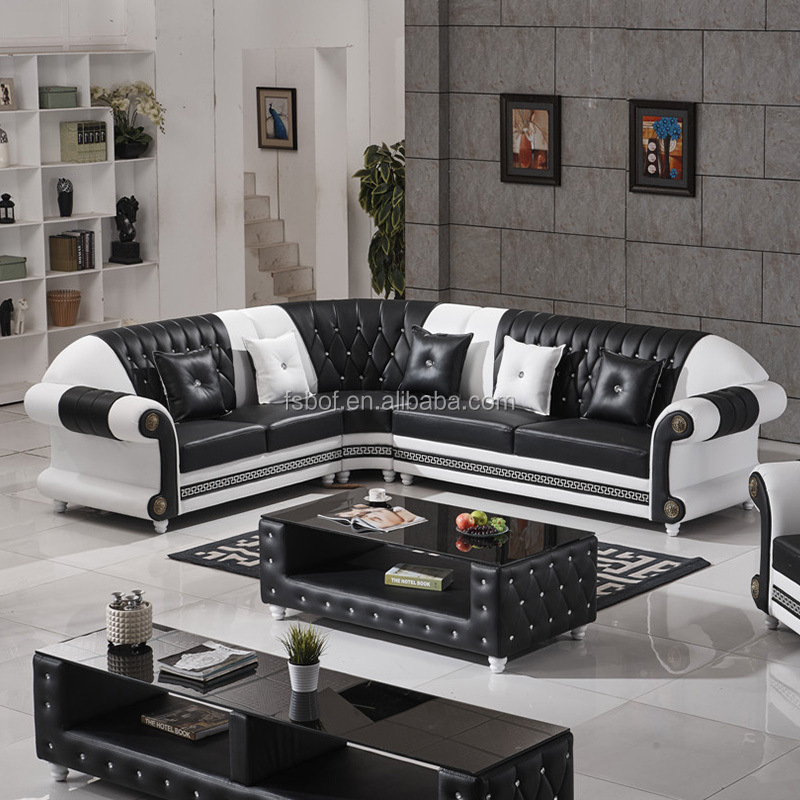 Living room furniture european style crystal tufted black leather sofa 808