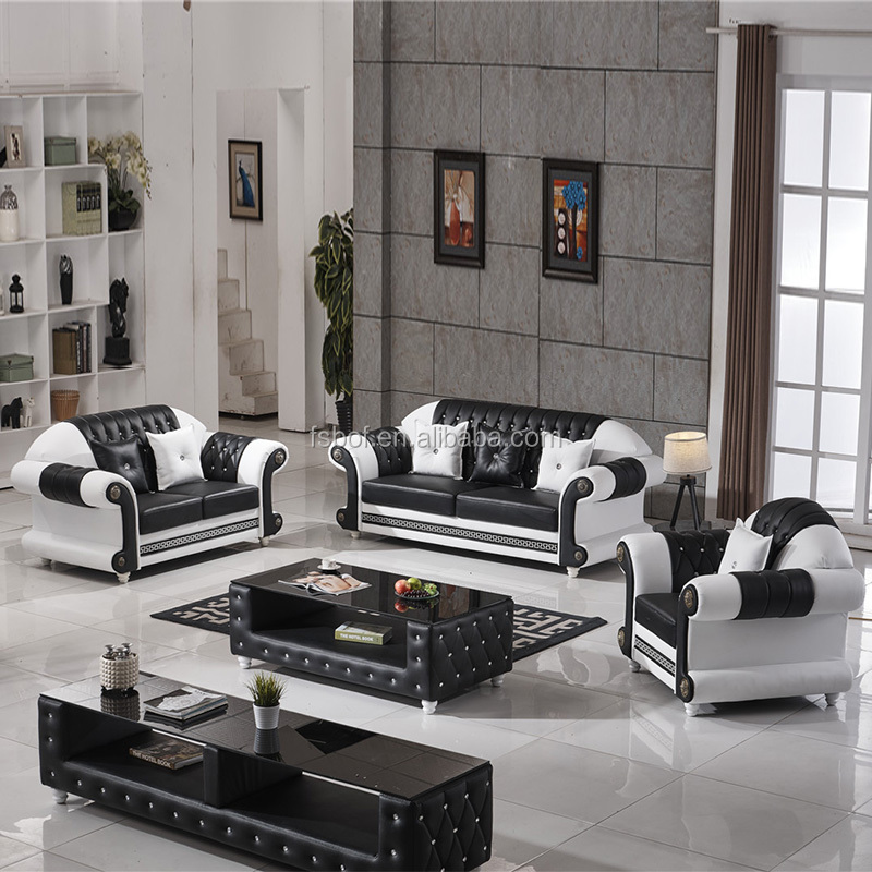 Living room furniture european style crystal tufted black leather sofa 808