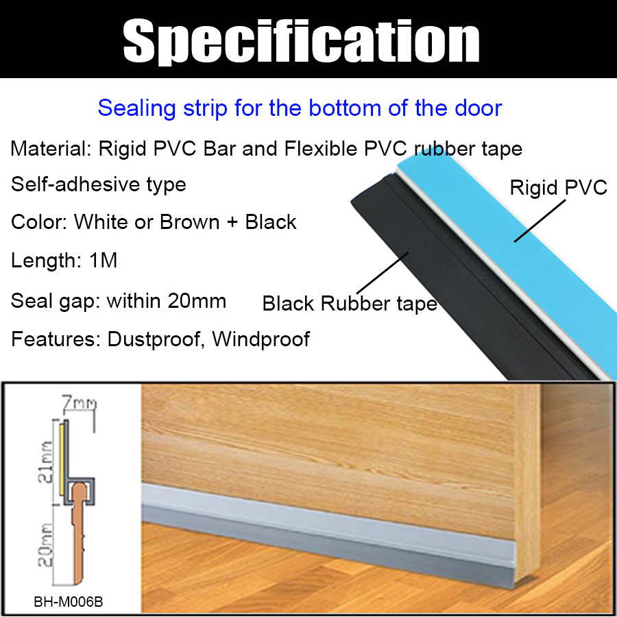 Self Adhesive Sealing Strip Rigid PVC Bar Flexible Rubber Tape Wooden Door Bottom Sweep Draught Excluder Frame Seal Weatherstrip