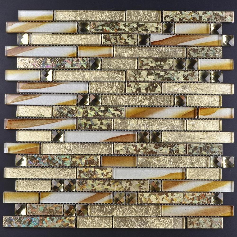 BSJ124 Glazed 3D diamond decorative wall gold foil mirror glass and aluminium mosaic tile for kitchen backsplash