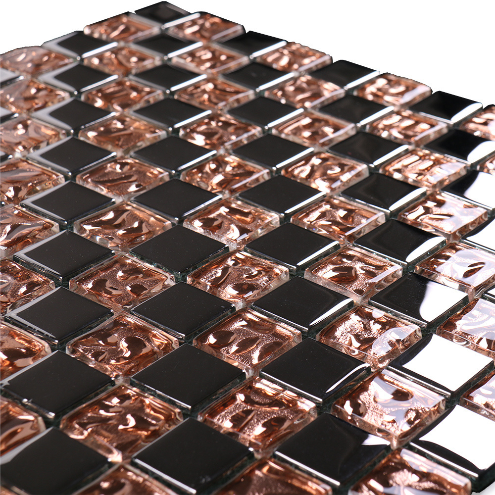 Decorative rose gold glitter mirror wall 3d glass mosaic tiles for kitchen backsplash bathroom