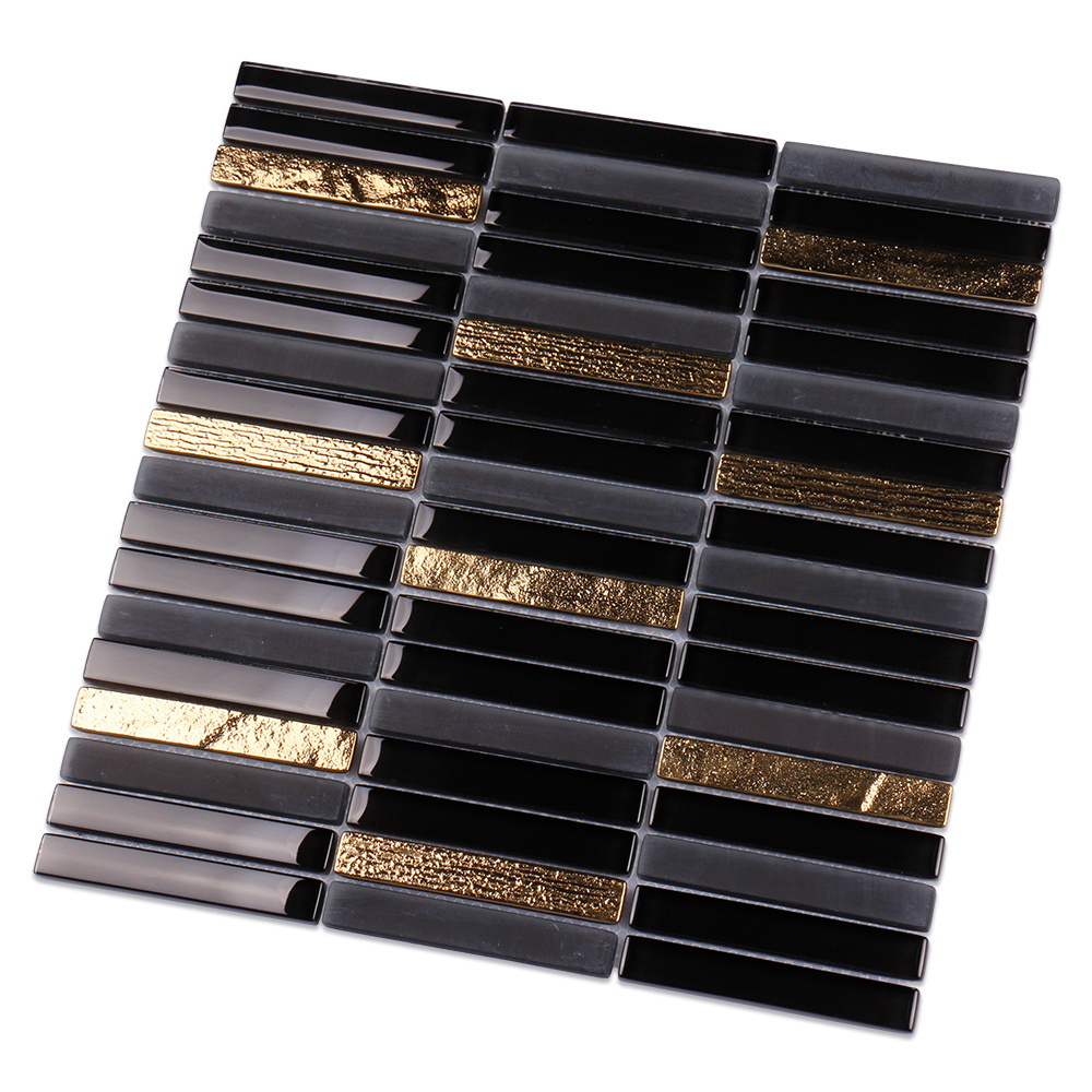 Luxury matte glossy grey black gold long strip glass mosaic tile for restaurant wall