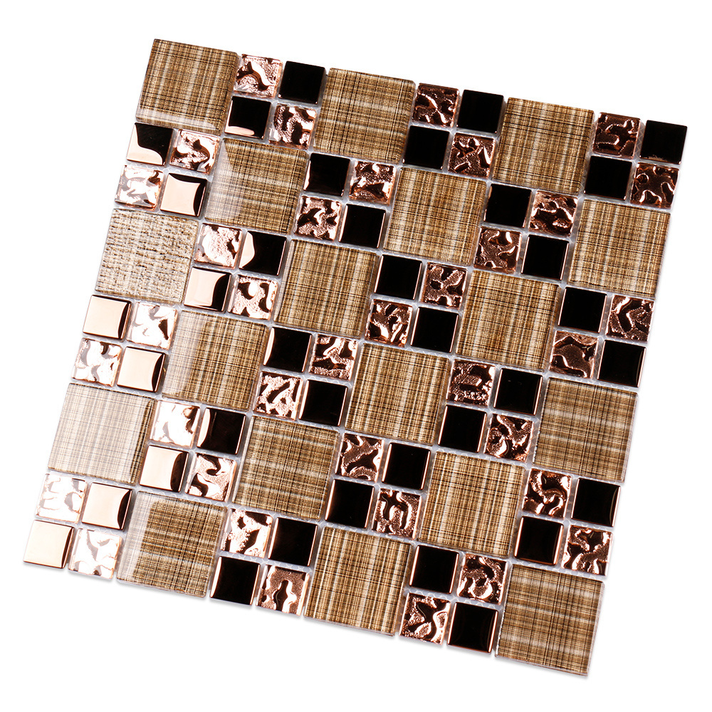 Modern luxury square grid pattern rose gold glass mosaics for kitchen backsplash