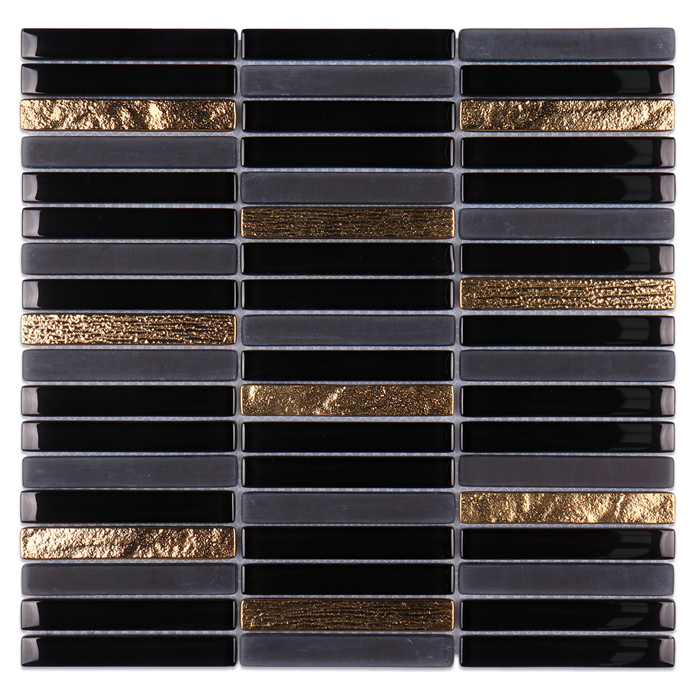 Luxury matte glossy grey black gold long strip glass mosaic tile for restaurant wall