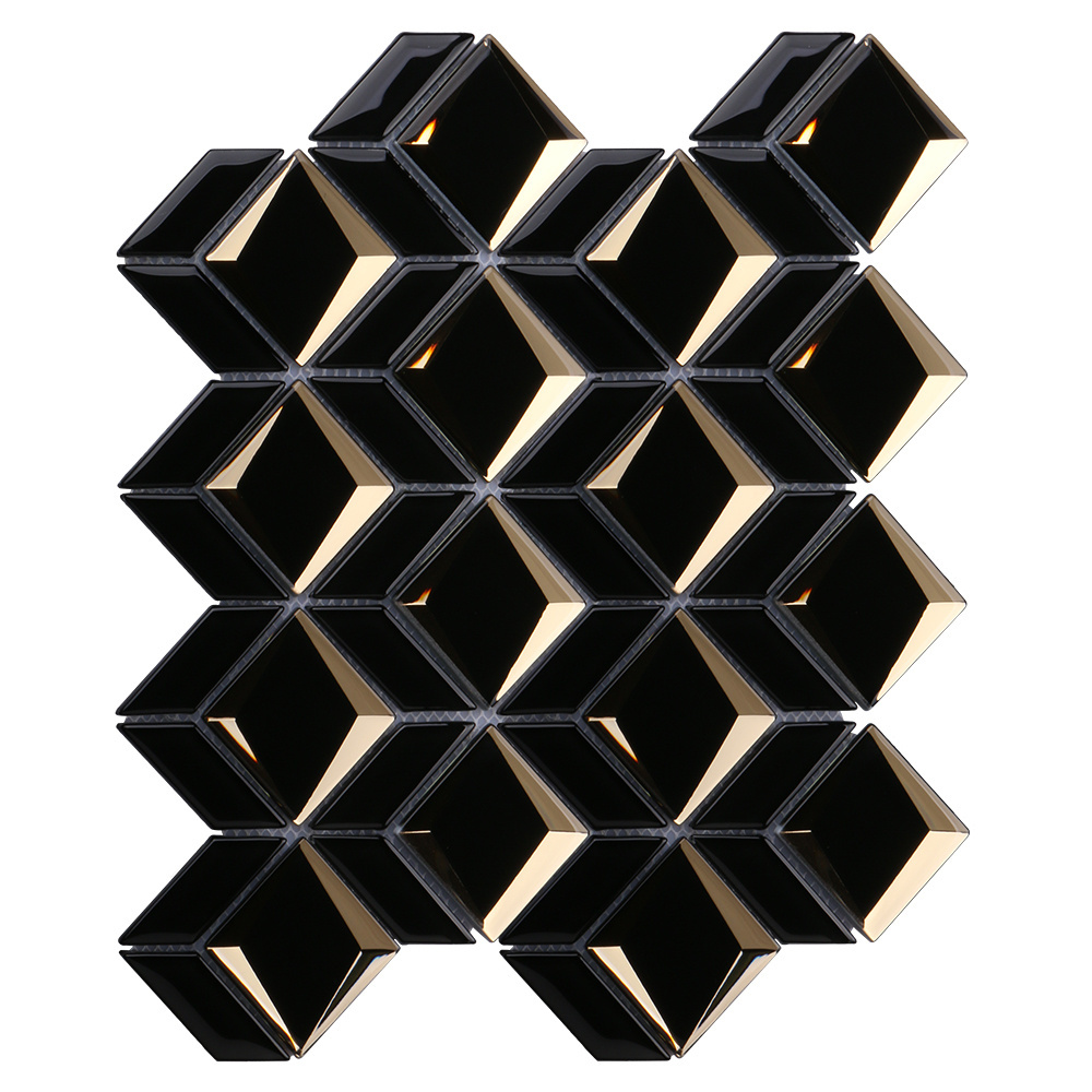 Luxury 3D diamond mirror mosaics tiles irregular waterjet hexagon black and gold glass mosaic