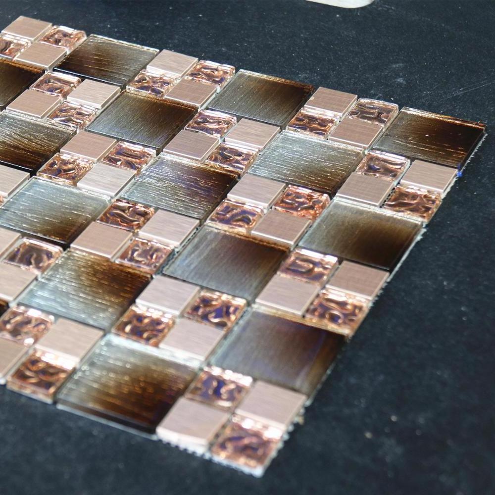 BSJ194 Fancy polished glazed rose gold pink 3D glass and aluminium mosaic tiles for wall kitchen backsplash