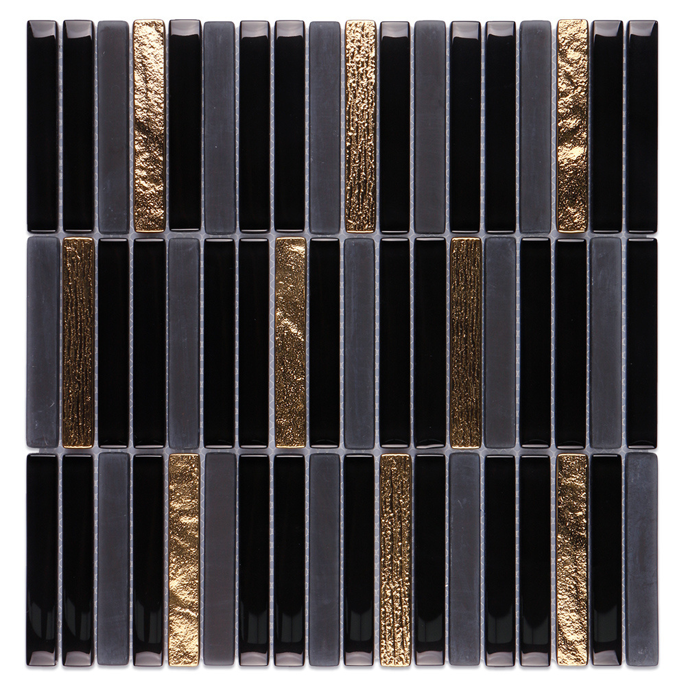 Luxury matte glossy grey black gold long strip glass mosaic tile for restaurant wall