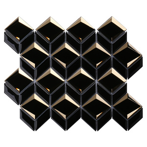 Luxury 3D diamond mirror mosaics tiles irregular waterjet hexagon black and gold glass mosaic