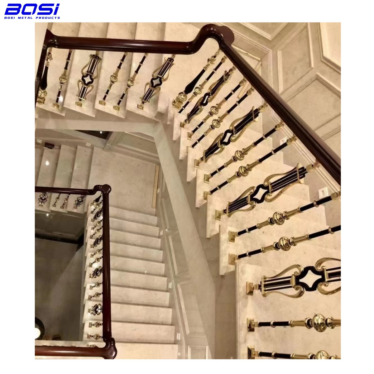 Classical Golden Staircase Handrail Aluminum Baluster For Blacony And Landing Railing Customized Design