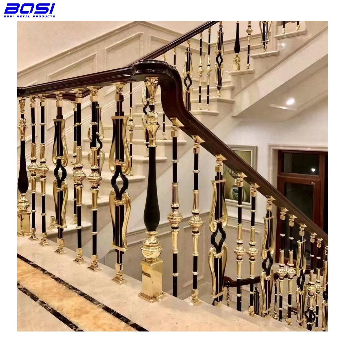 Classical Golden Staircase Handrail Aluminum Baluster For Blacony And Landing Railing Customized Design