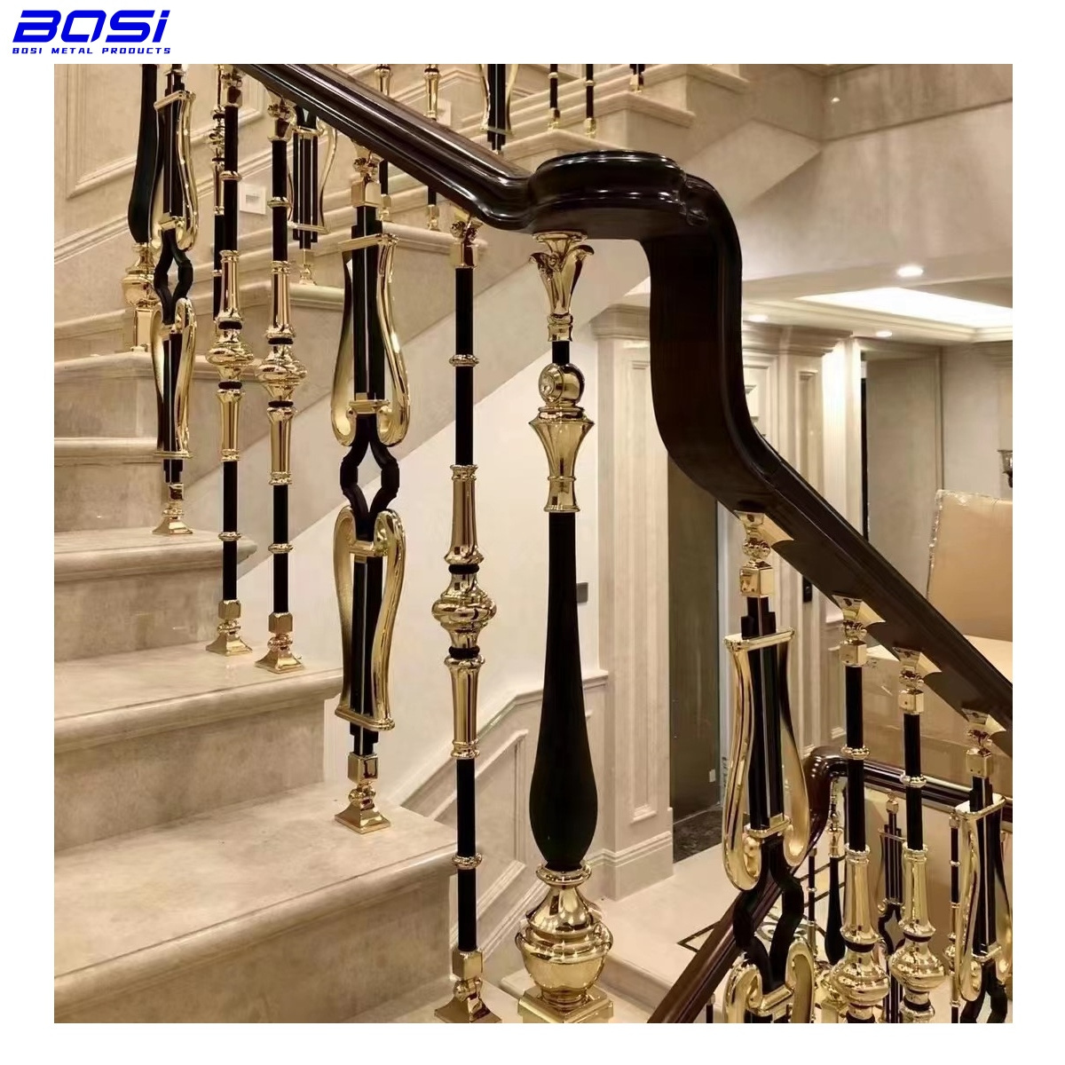 Classical Golden Staircase Handrail Aluminum Baluster For Blacony And Landing Railing Customized Design