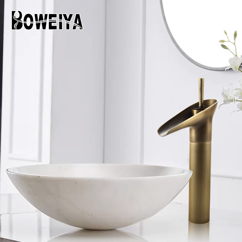 Boweiya CUPC High Quality Antique Copper Brass Single Hole Wash Basin Sets Waterfall Sink Faucet Kitchen Bathroom Faucets