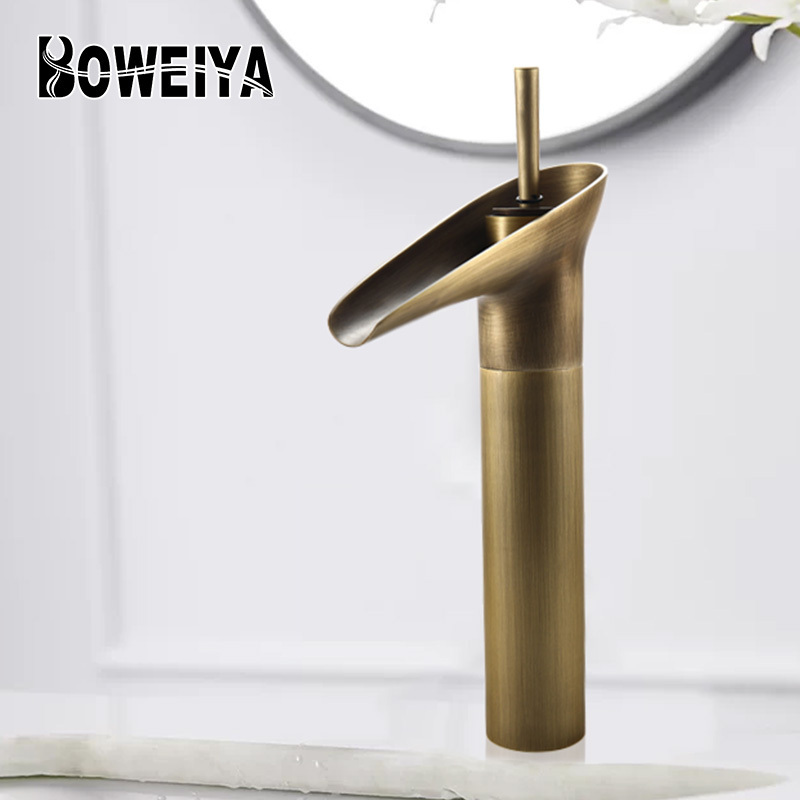 Boweiya CUPC High Quality Antique Copper Brass Single Hole Wash Basin Sets Waterfall Sink Faucet Kitchen Bathroom Faucets