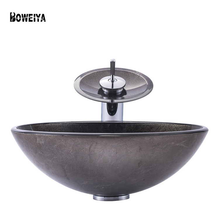 Decor art wash basin with waterfall faucet tempered glass bathroom sink