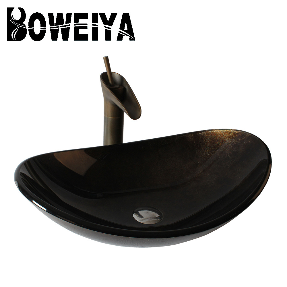 Dark Colored Hand Painting Washbasin Boat Shape Sink With Chrome Faucet