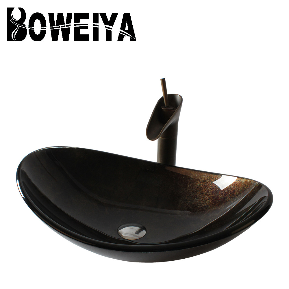 Dark Colored Hand Painting Washbasin Boat Shape Sink With Chrome Faucet