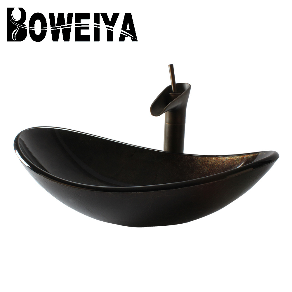 Dark Colored Hand Painting Washbasin Boat Shape Sink With Chrome Faucet