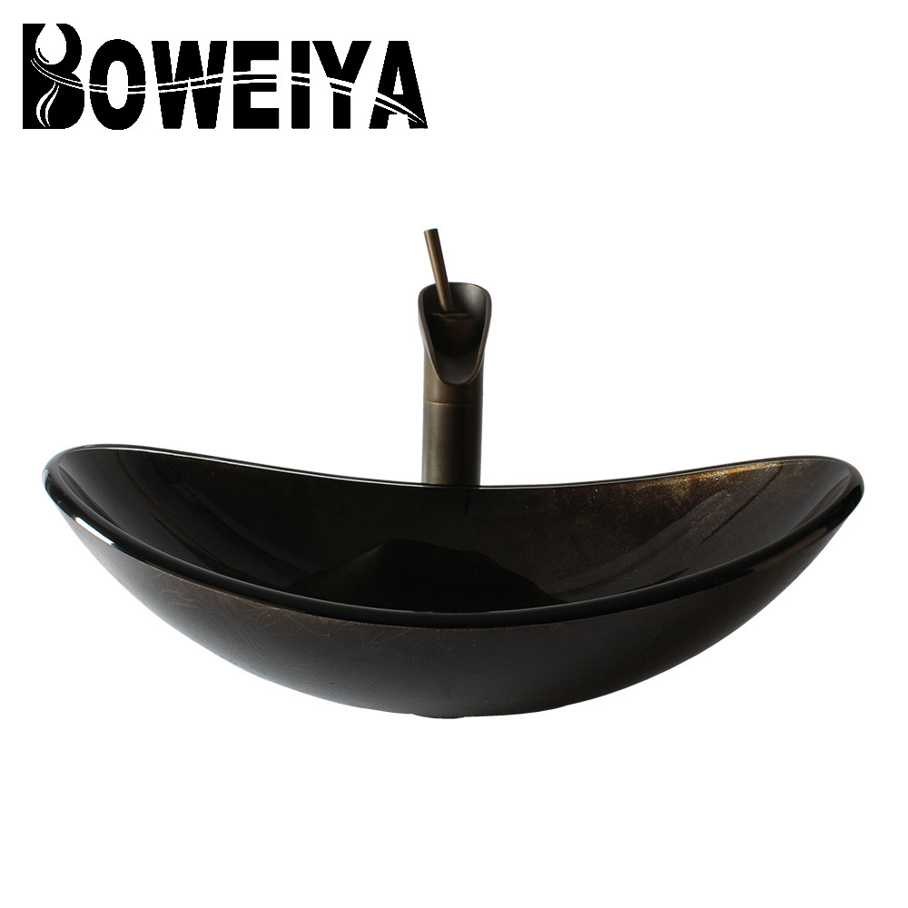 Dark Colored Hand Painting Washbasin Boat Shape Sink With Chrome Faucet