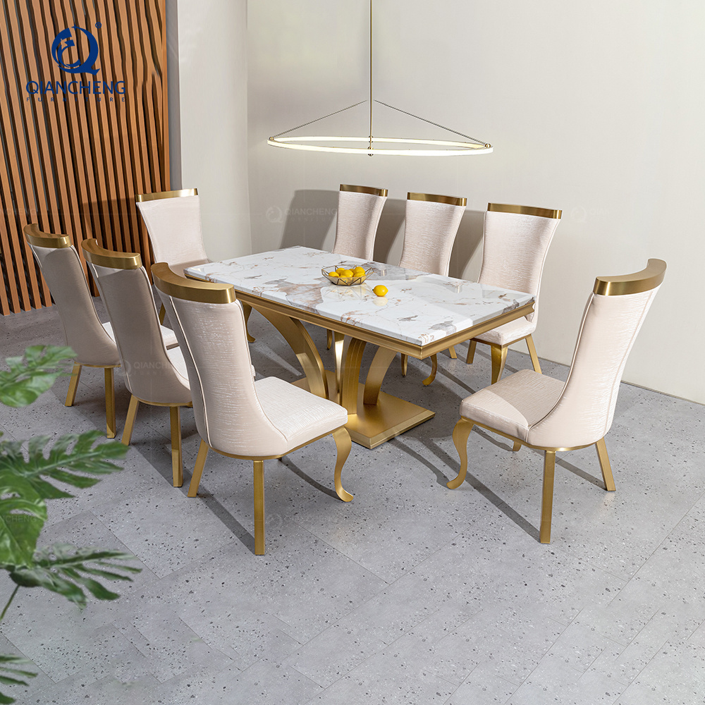 QIANCHENG luxurious golden stainless steel mirrored ss furniture minimalist exotic marble french style dining table and chair