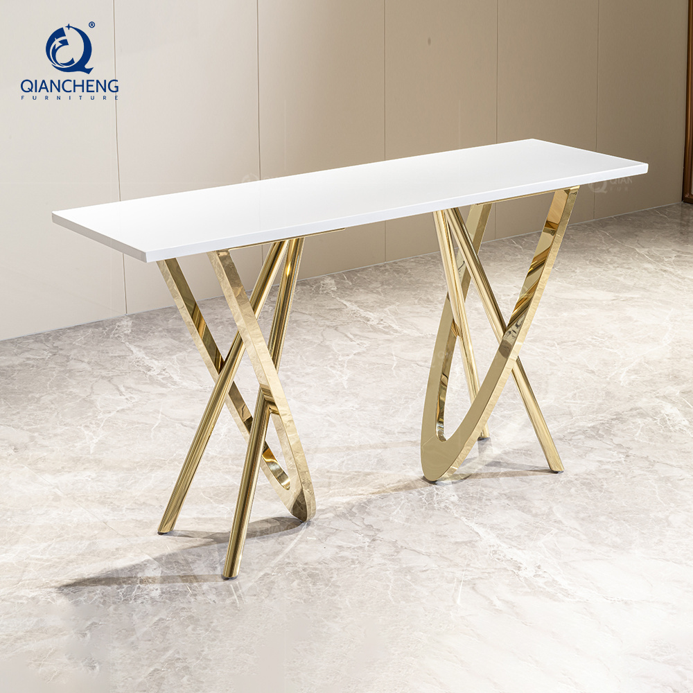 QIANCHENG baroque style white manmade marble italian design middle eastern stainless steel long entryway console table