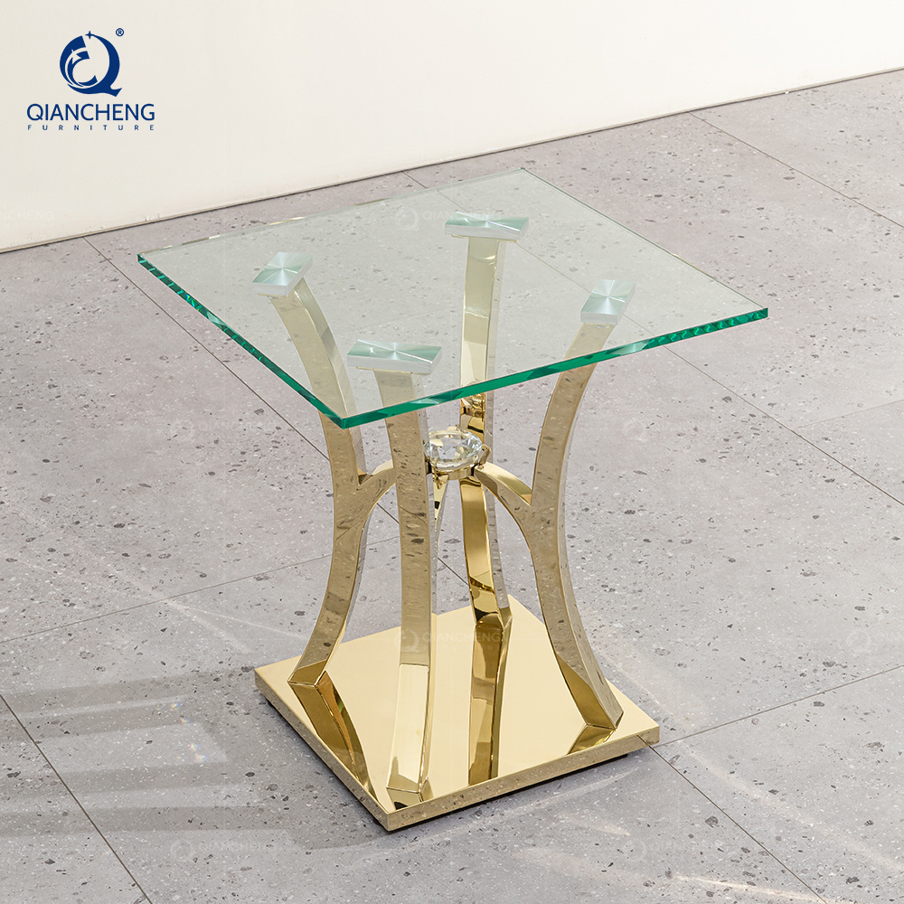 QIANCHENG high quality space saving 50x50 home goods glass top crushed diamond mirrored square gold coffee table