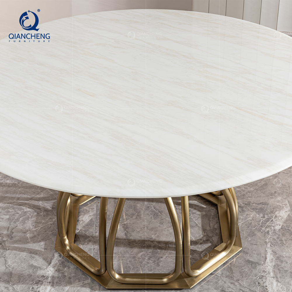 QIANCHENG granite marble dine table set 6 chairs dinning room sets gold stainless steel french style luxury dining tables