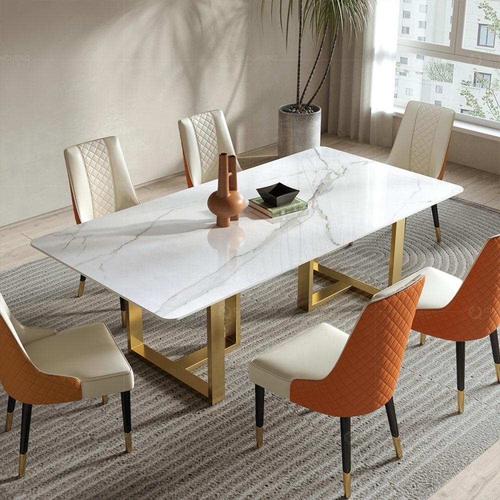 Factory modern home stainless steel gold frame dinning table set furniture luxury dining table