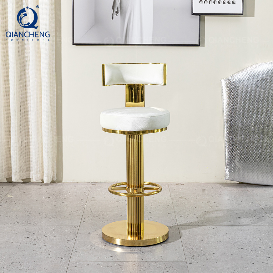 QIANCHENG high quality modern counter height barhocker chairs gold stainless steel frame luxury high swivel bar stool