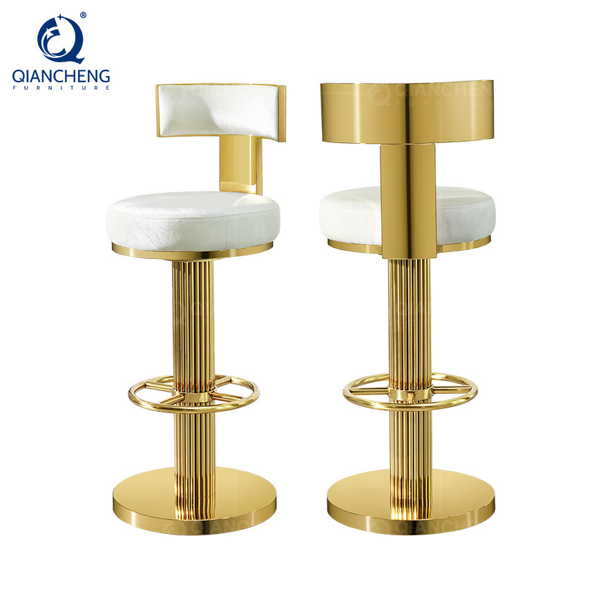 QIANCHENG high quality modern counter height barhocker chairs gold stainless steel frame luxury high swivel bar stool