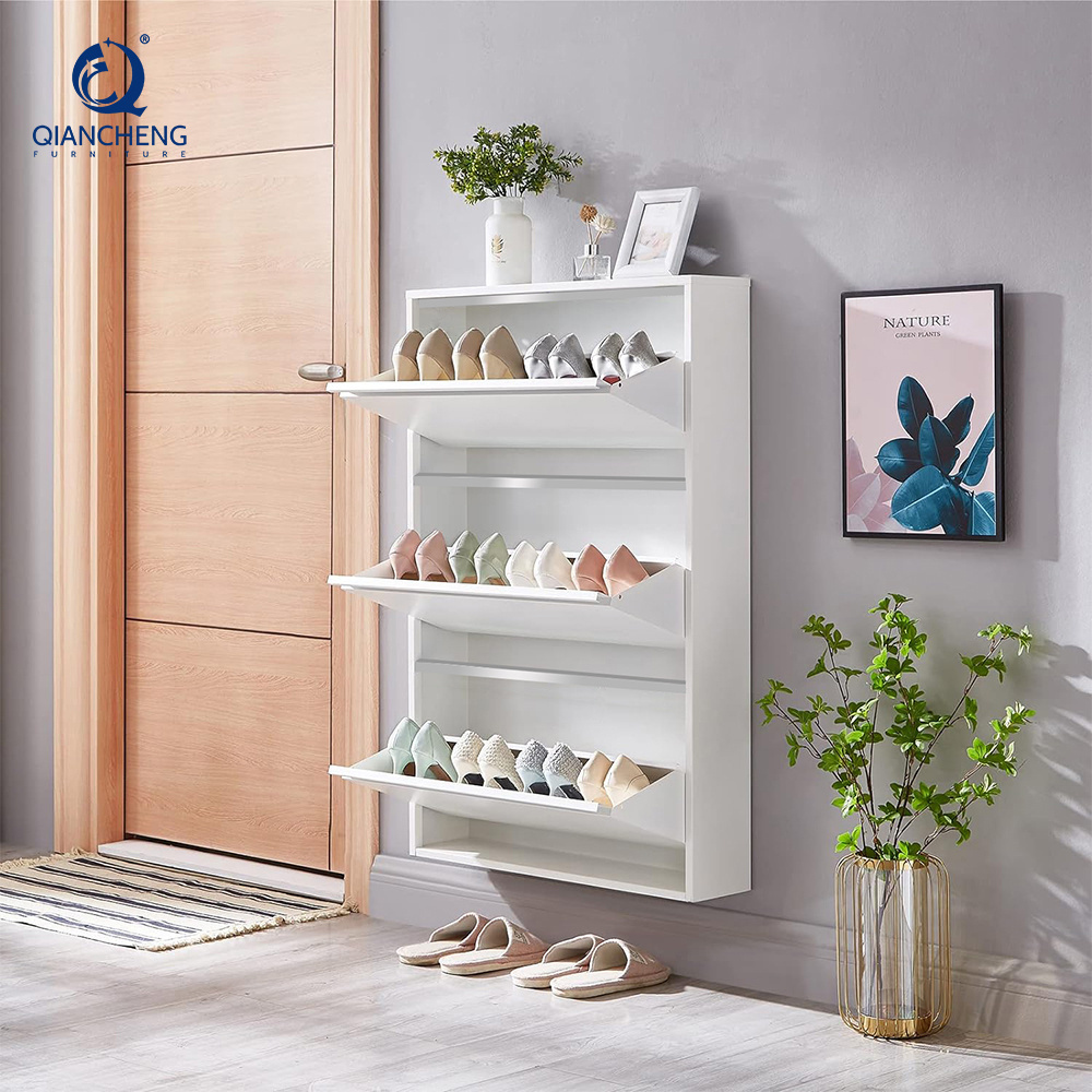 QIANCHENG home supplies entry way wall mounted white colour metal shoe rack for entryway hallway closet with footstool